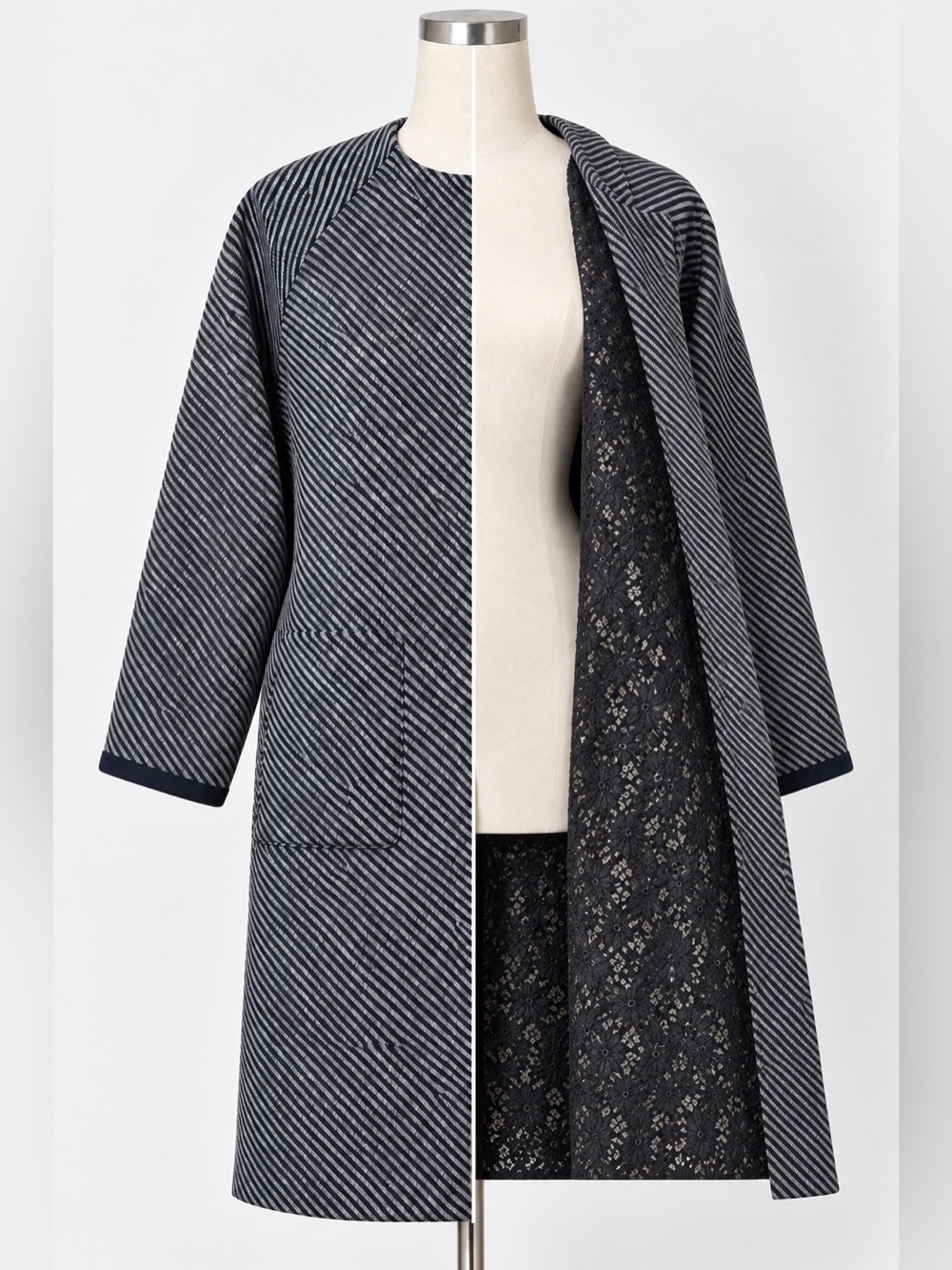 Jigsaw Reversible Gray Diagonal Wool Mohair Coat Lace Jacket M